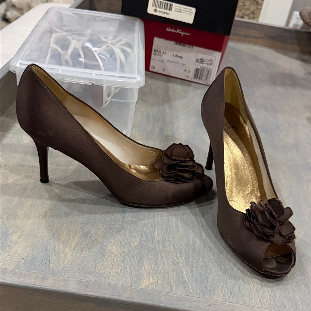 Stuart Weitzman Brown Satin Peep Toe Heels with Flower Detail